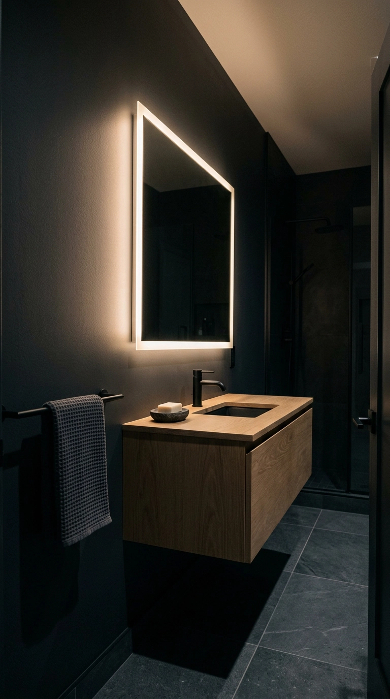 Backlit LED mirror glowing on a charcoal wall above a white oak floating vanity in a basement bathroom
