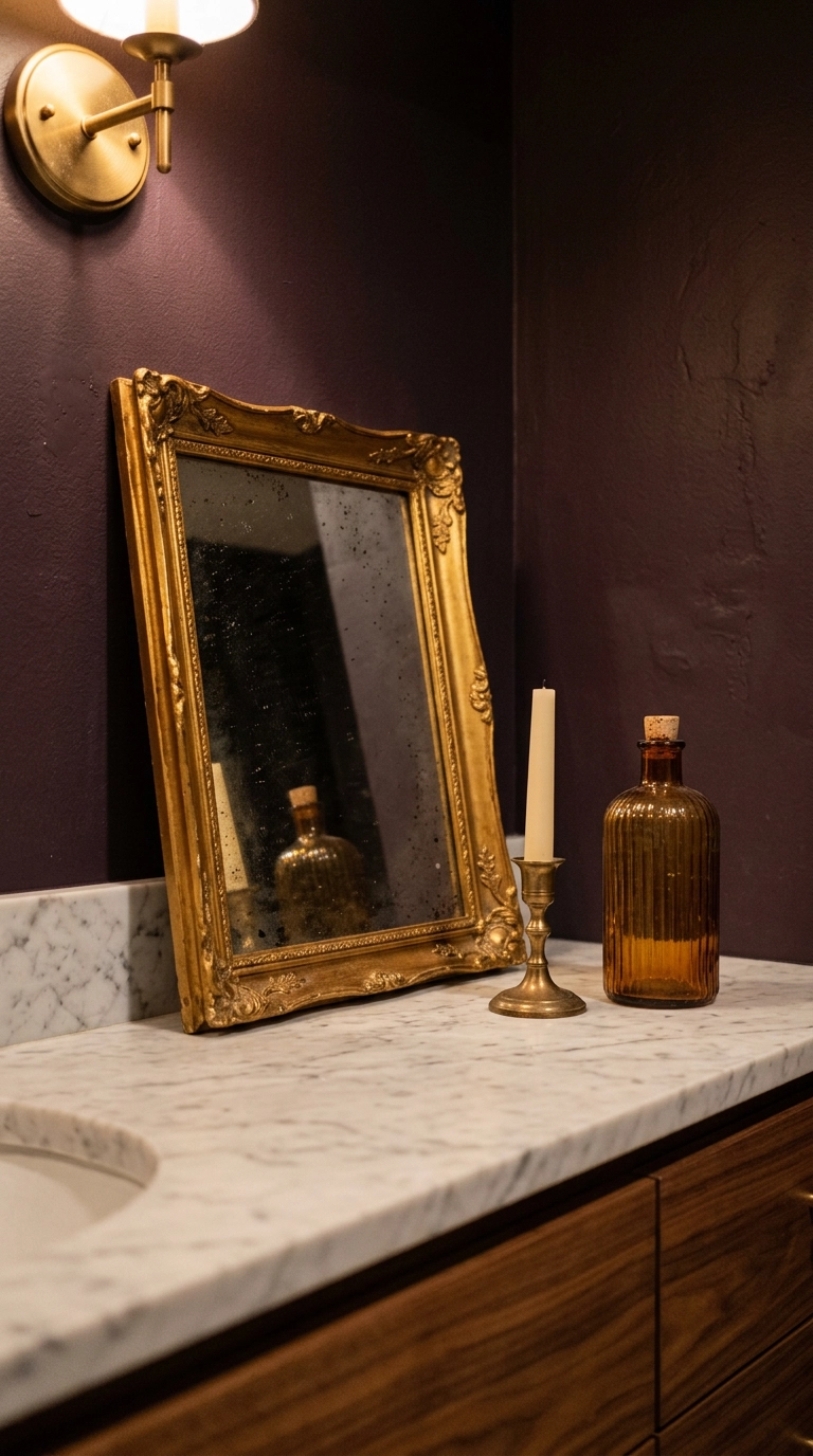Small antique gold-framed mirror with smoked glass leaning on a basement bathroom counter