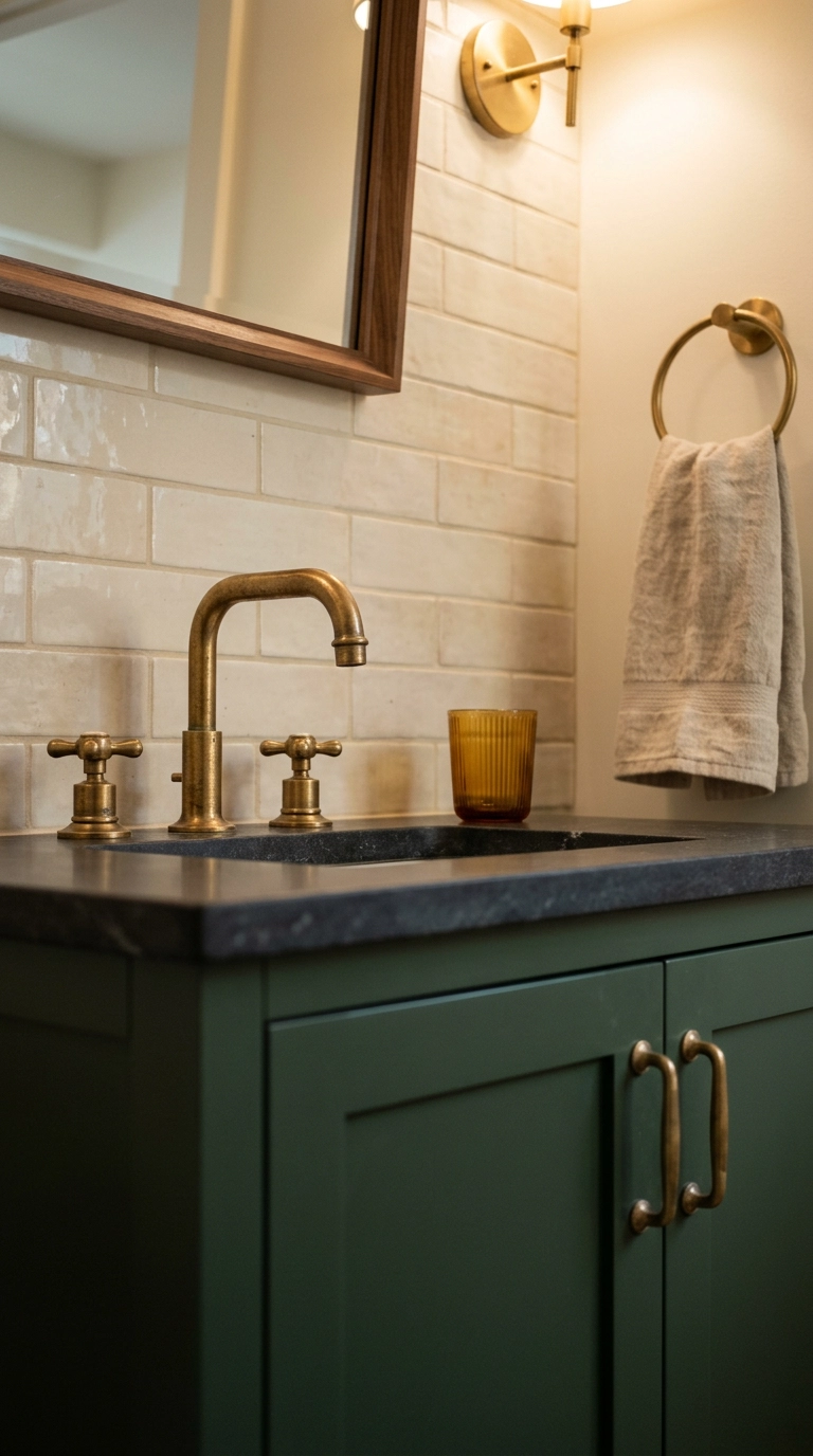 Unlacquered brass faucet and knobs on a deep green basement bathroom vanity with soapstone counter