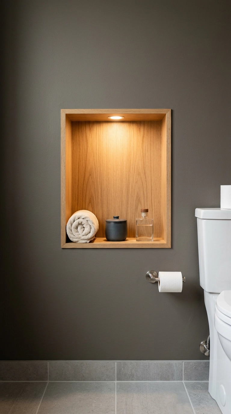 Recessed oak-lined storage niche built between wall studs in a greige basement bathroom