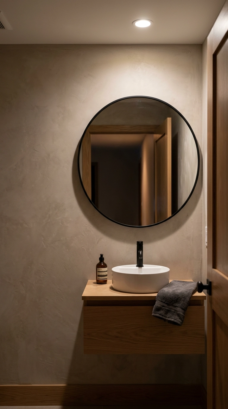Round black framed mirror in a basement bathroom positioned to reflect light from an open doorway