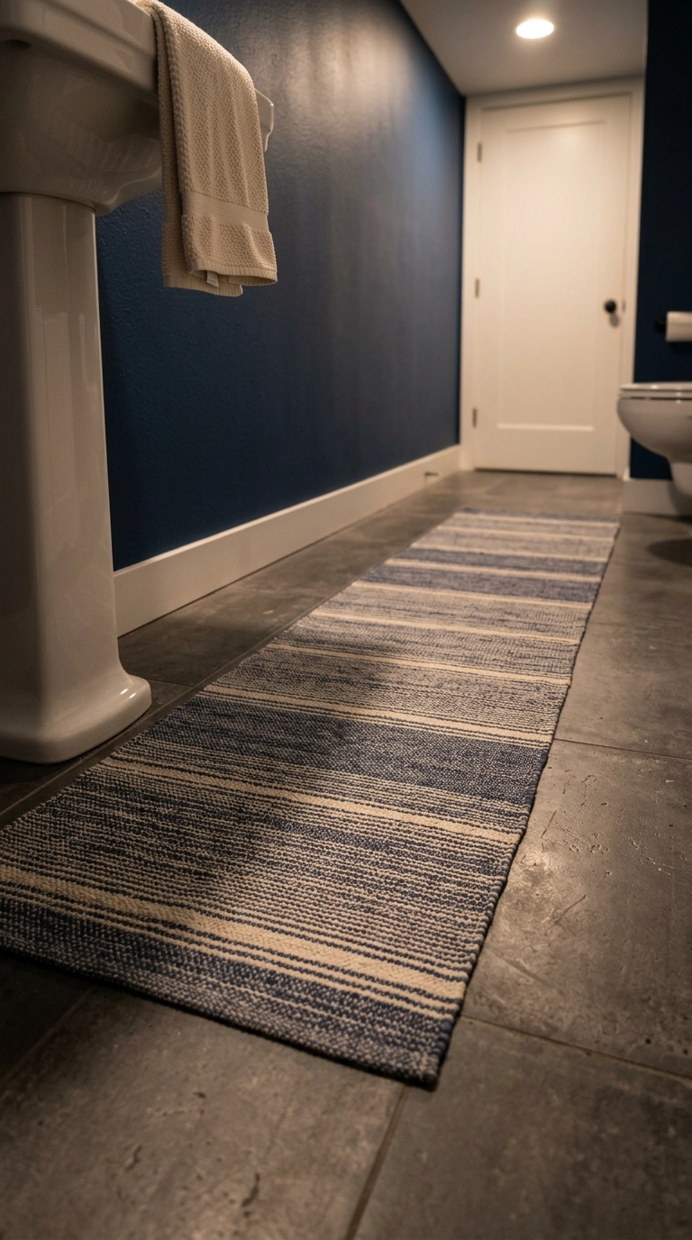 Indigo and cream washable flatweave runner along the floor of a navy basement bathroom