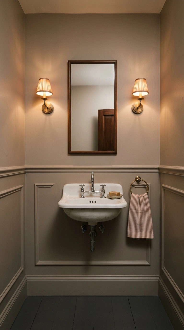 Two brass sconces mounted at eye level flanking a mirror in a taupe basement powder room