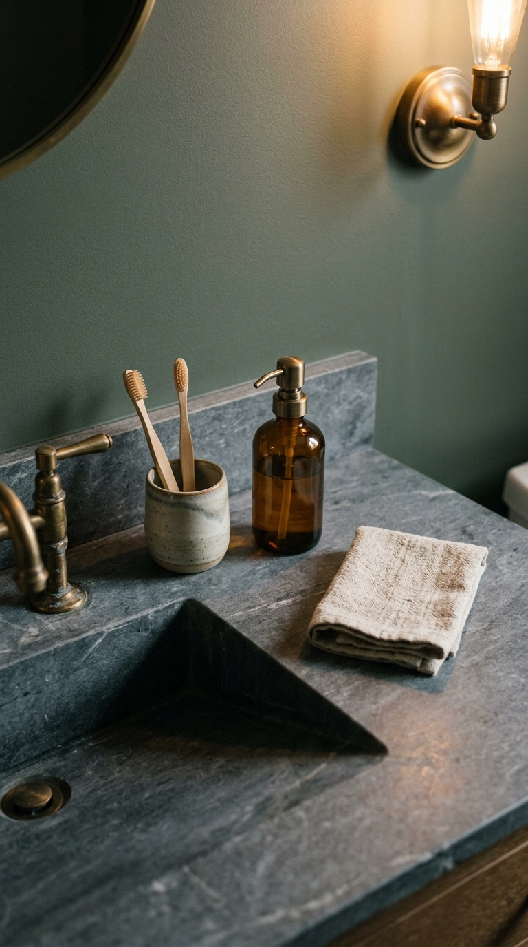Basement bathroom counter styled with only three objects on honed charcoal soapstone