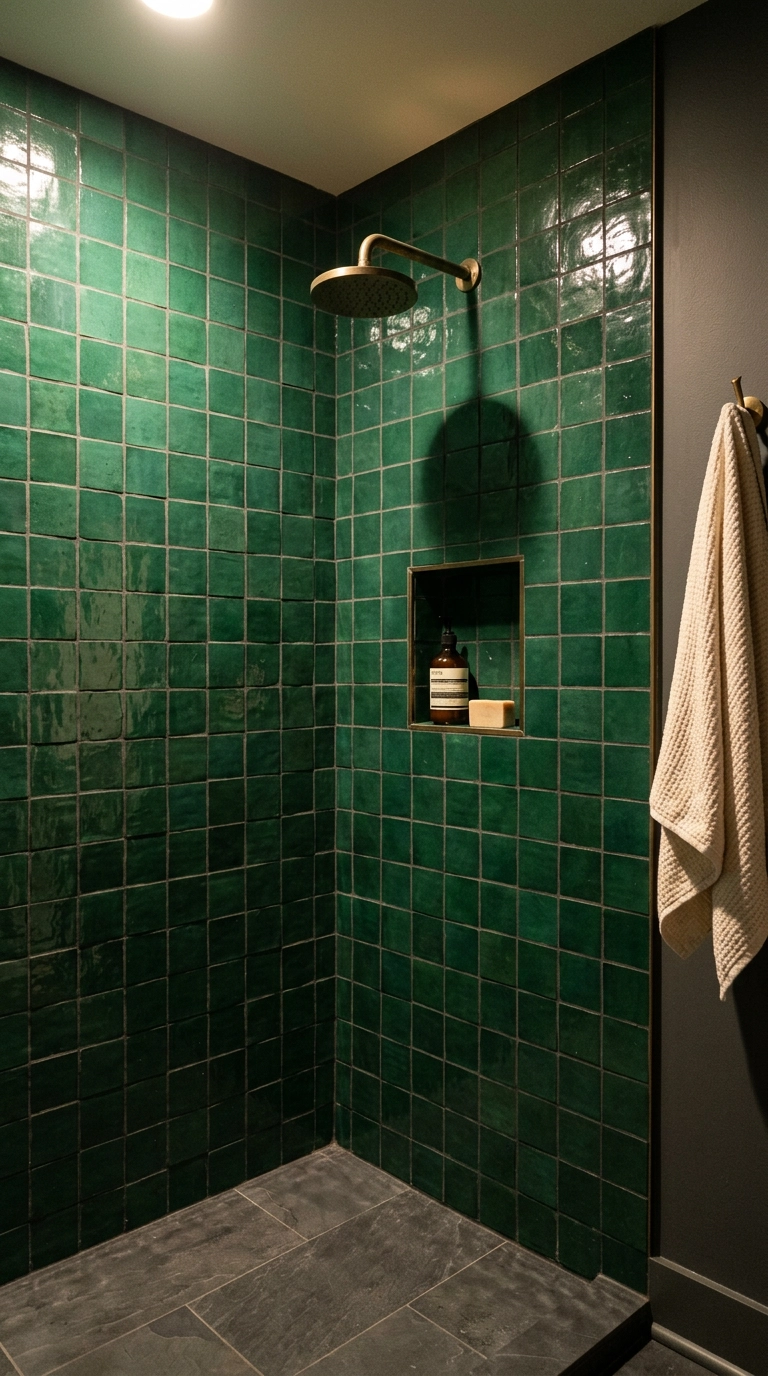 Glossy emerald zellige shower tile with charcoal grout and brass fixtures in a basement bathroom