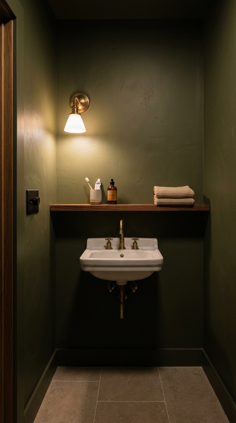 Basement bathroom with warm 2700K sconce lighting and a dimmer switch on an olive green wall