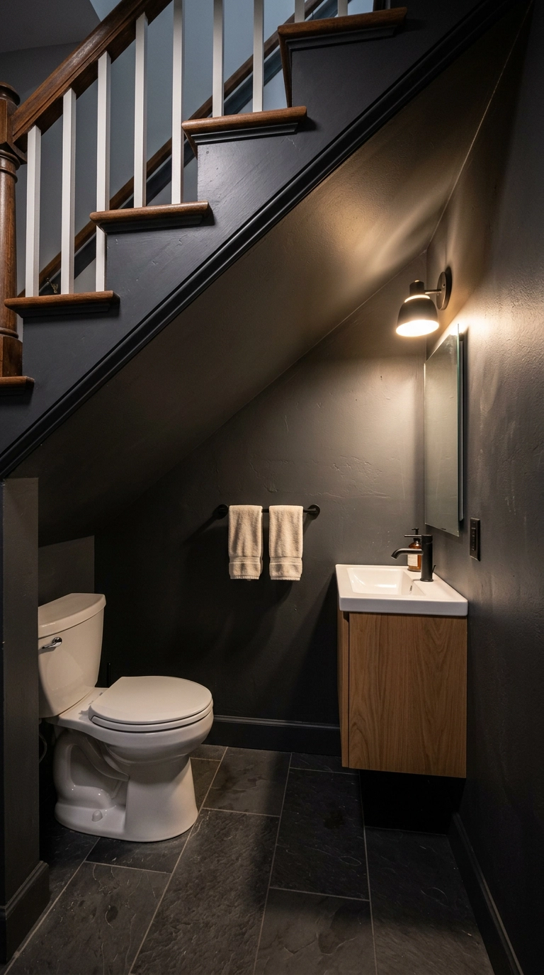 Basement bathroom under a staircase with a sloped charcoal ceiling and the toilet at the low end