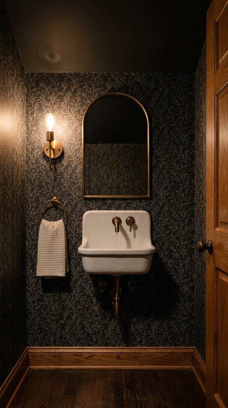 Small-scale charcoal botanical wallpaper in a windowless basement powder room with a brass sconce