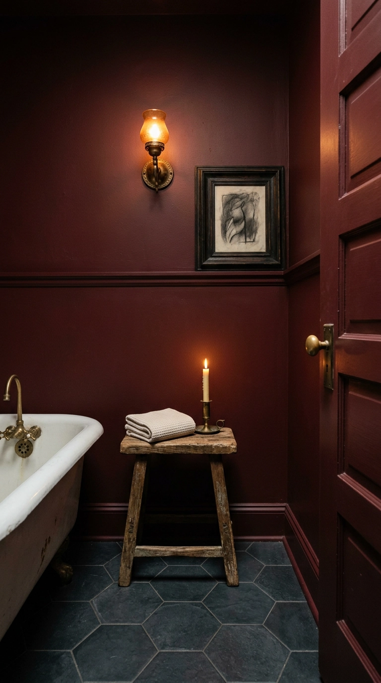 Oxblood basement bathroom with a vintage wood stool, candle, and clawfoot tub in candlelight