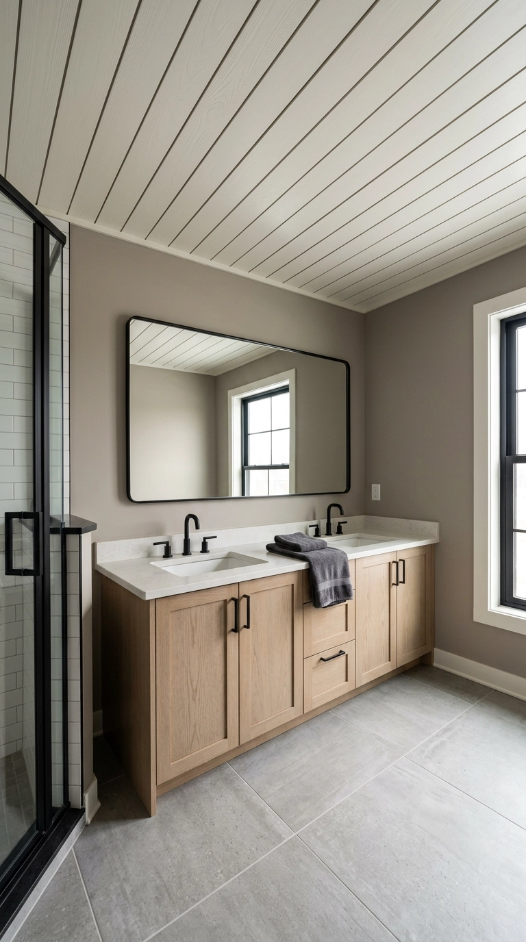 Warm alabaster shiplap boards across a modern farmhouse bathroom ceiling