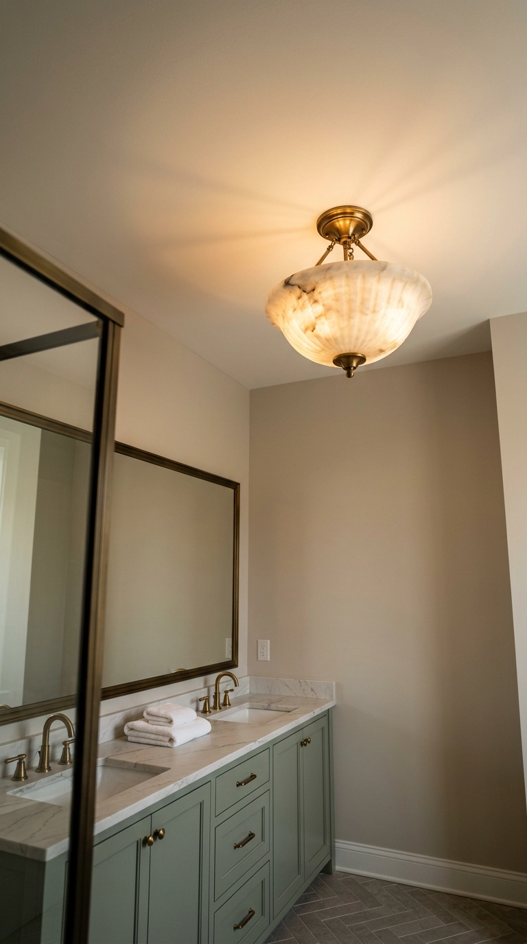 Fluted alabaster and brass semi-flush fixture hanging below a chalk white bathroom ceiling