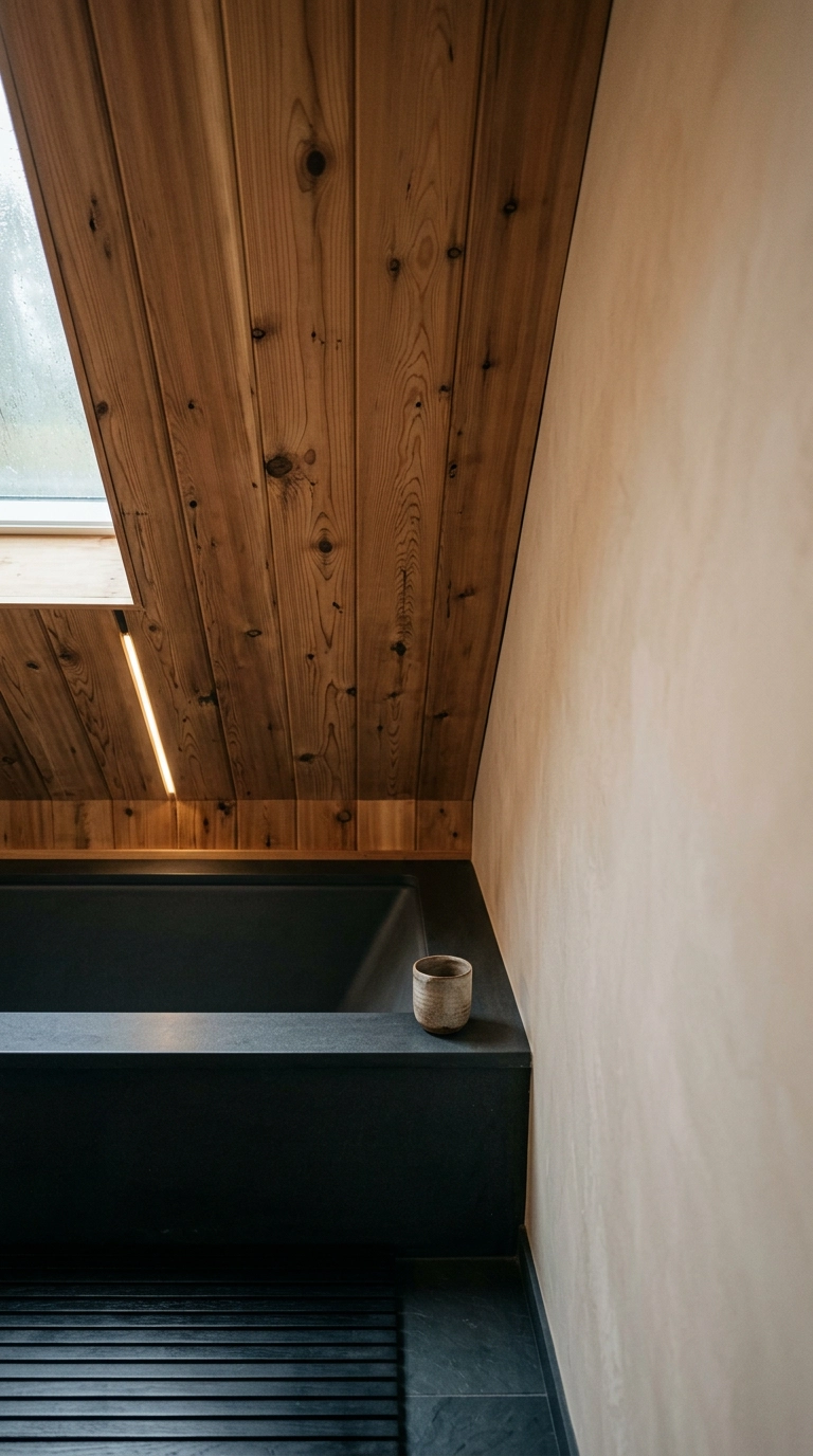 Natural cedar tongue and groove planks on a spa bathroom ceiling meeting a plaster wall