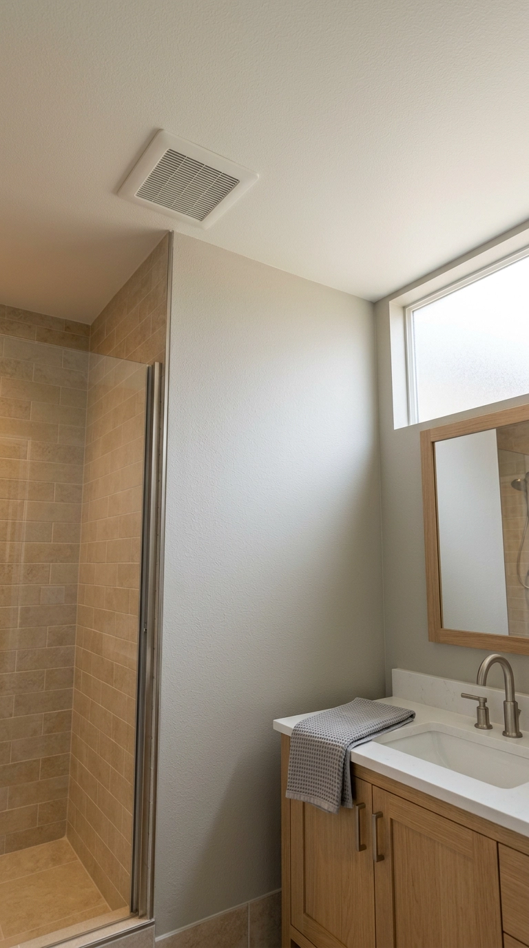 Low-profile square exhaust fan grille painted to match a warm white bathroom ceiling