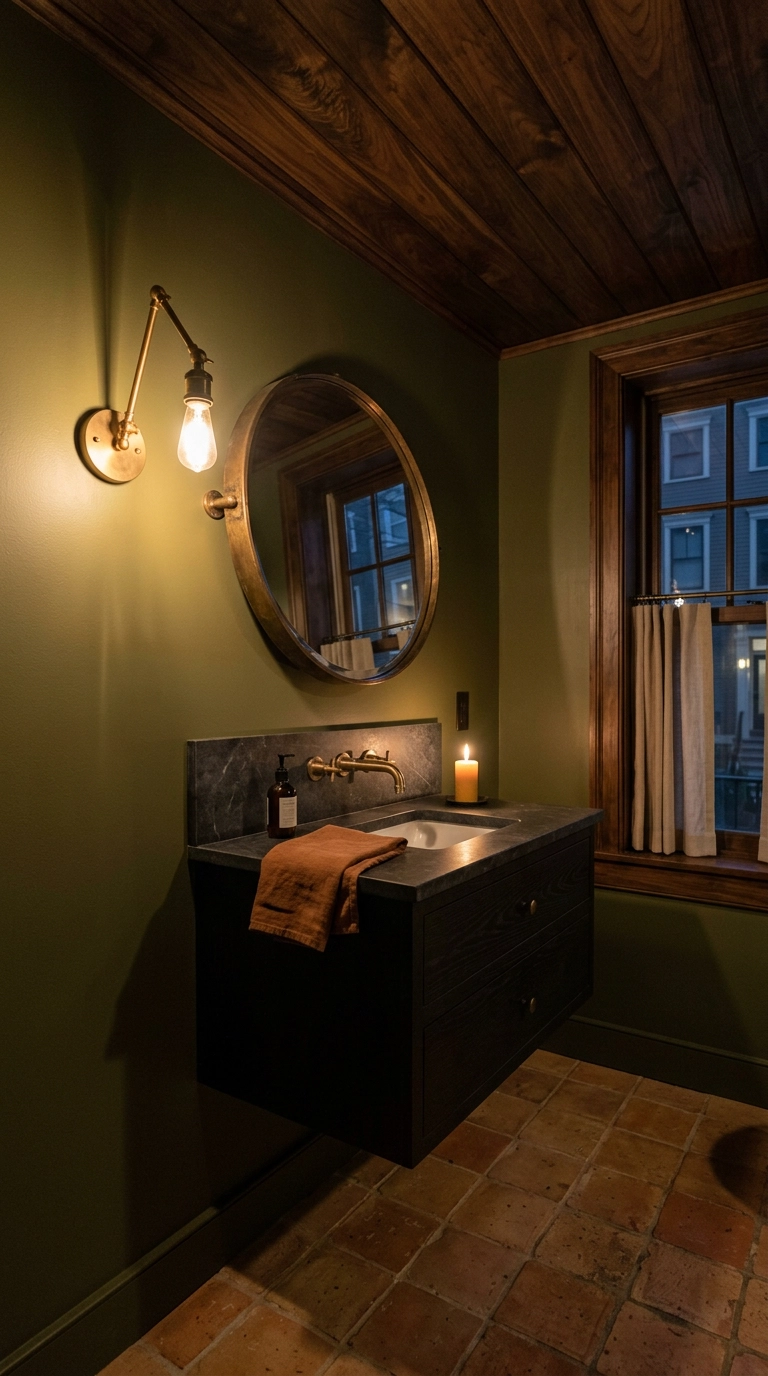 Dark walnut stained plank bathroom ceiling reflected in an angled round mirror