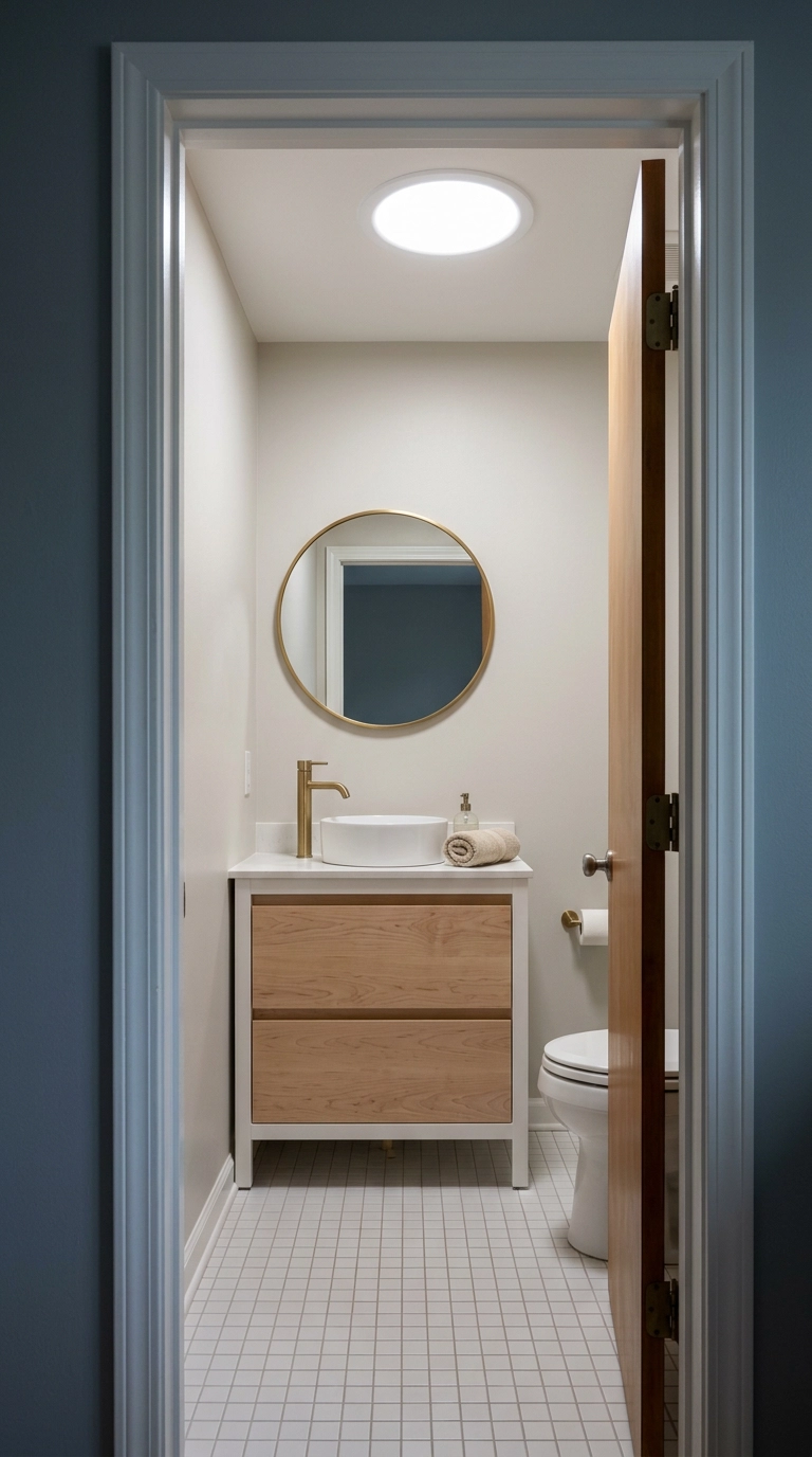 Round solar tube daylight diffuser flush in the ceiling of a small windowless bathroom
