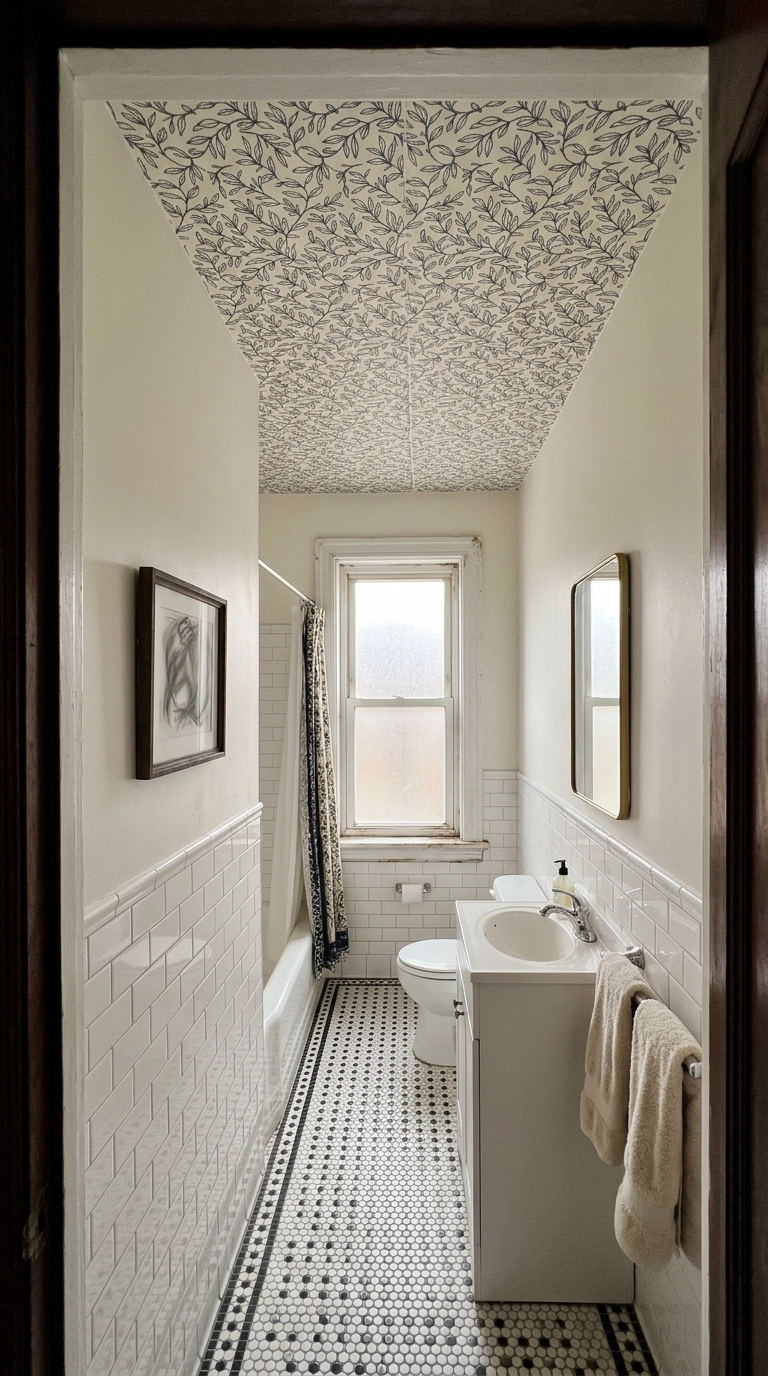 Rental bathroom ceiling covered in navy and cream peel and stick botanical wallpaper
