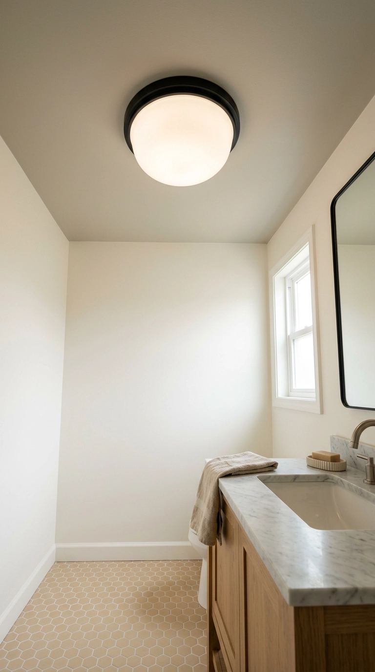 Bathroom ceiling with a large opal glass and black flush mount light seen from a low angle