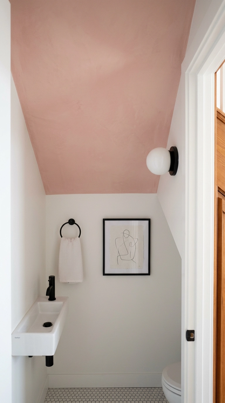 Soft blush pink painted bathroom ceiling above bone white walls in a tiny powder room