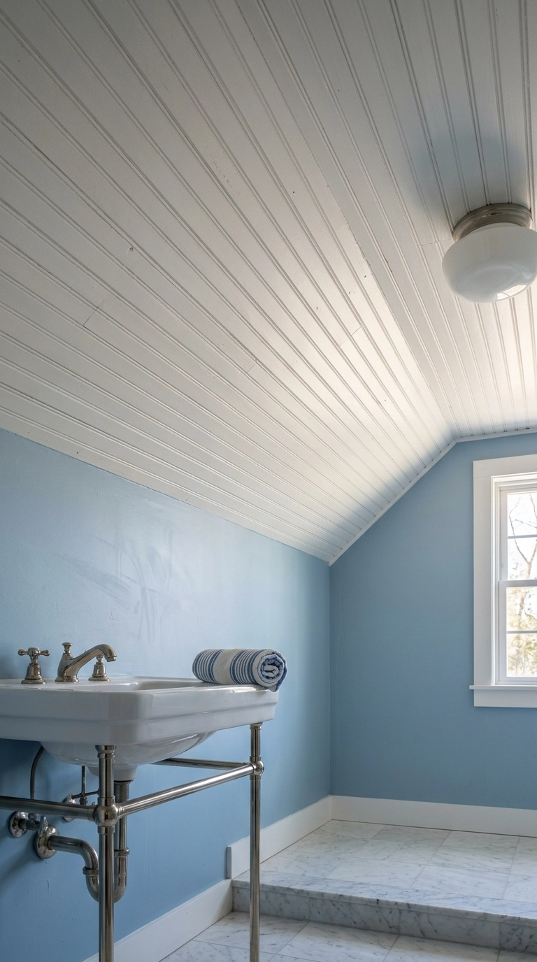 Narrow white beadboard panels clad across a small cottage bathroom ceiling