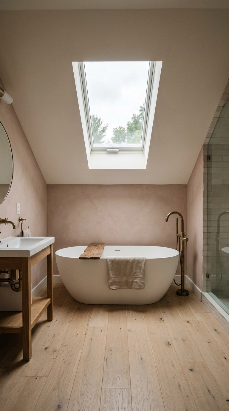 Skylight set into a sloped bathroom ceiling above a freestanding oval tub