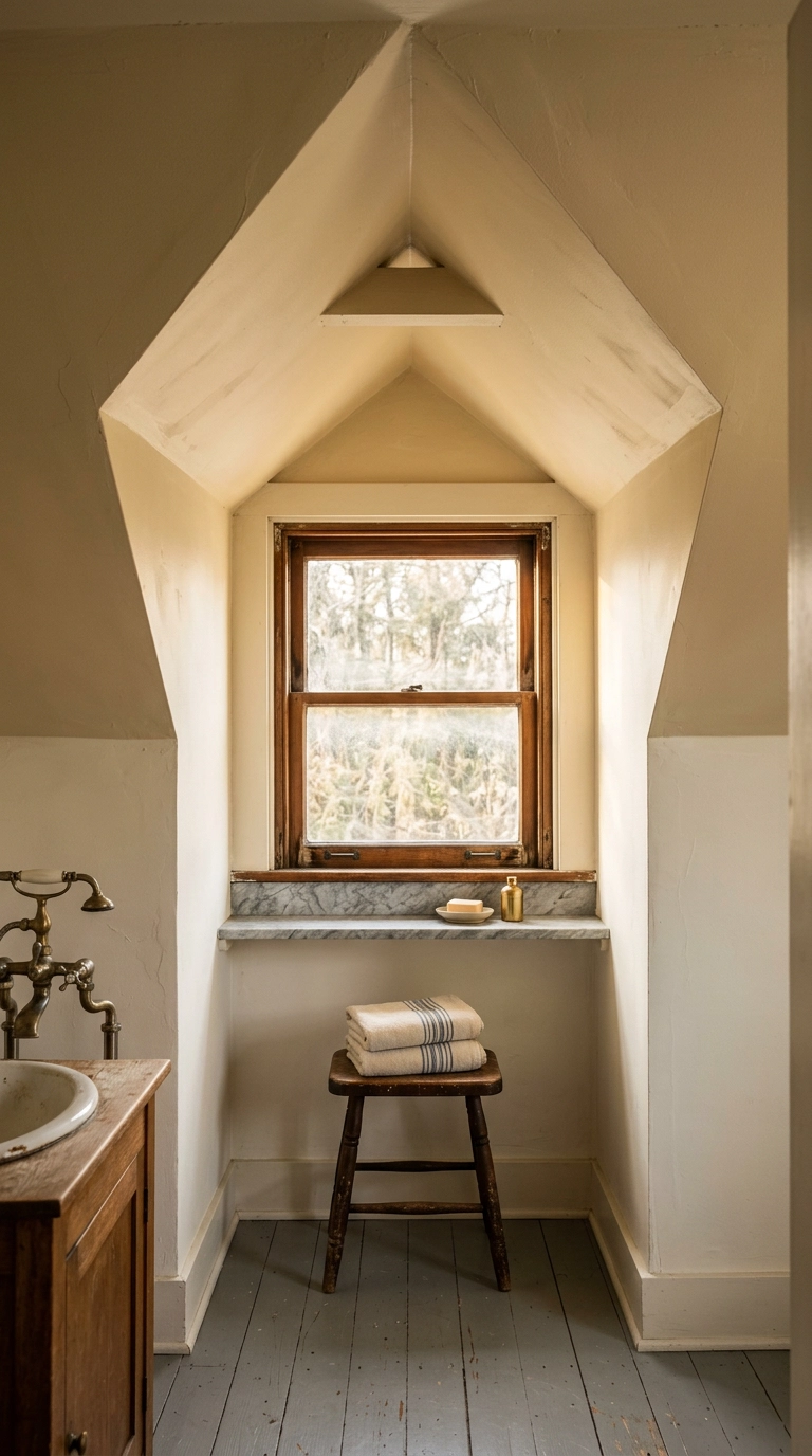 Dormer alcove with three angled ceiling planes painted ochre cream in a cottage bathroom