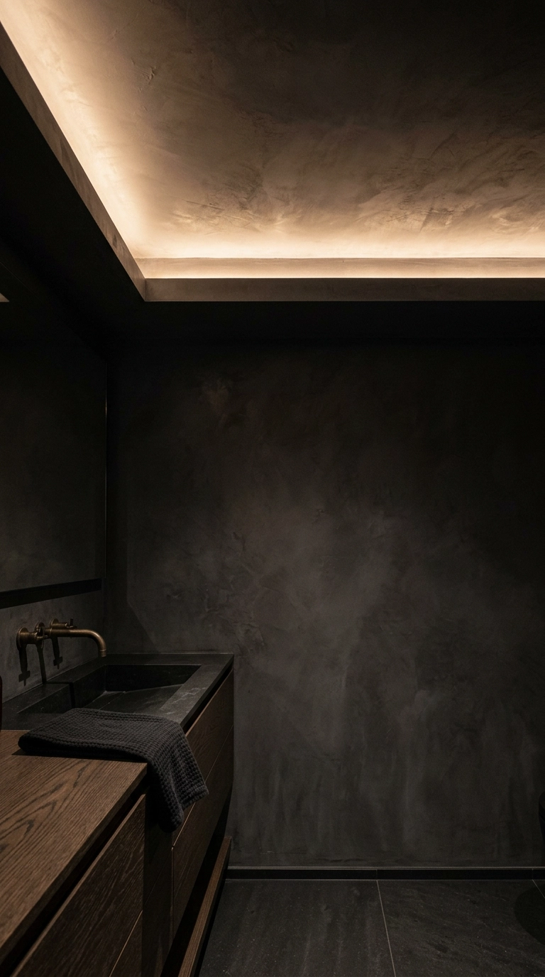 Concealed cove lighting washing warm light across a charcoal bathroom ceiling