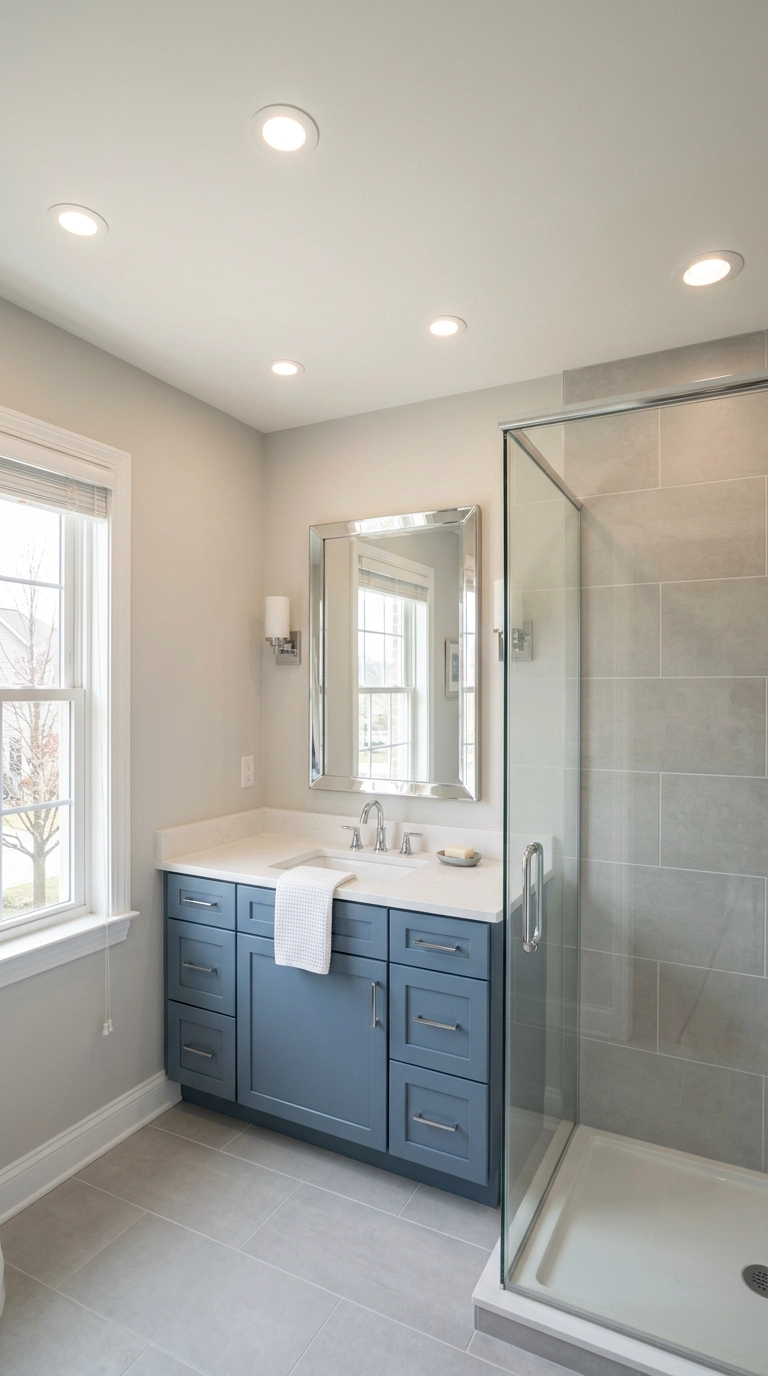 Recessed can lights laid out in a rectangle across a bright family bathroom ceiling