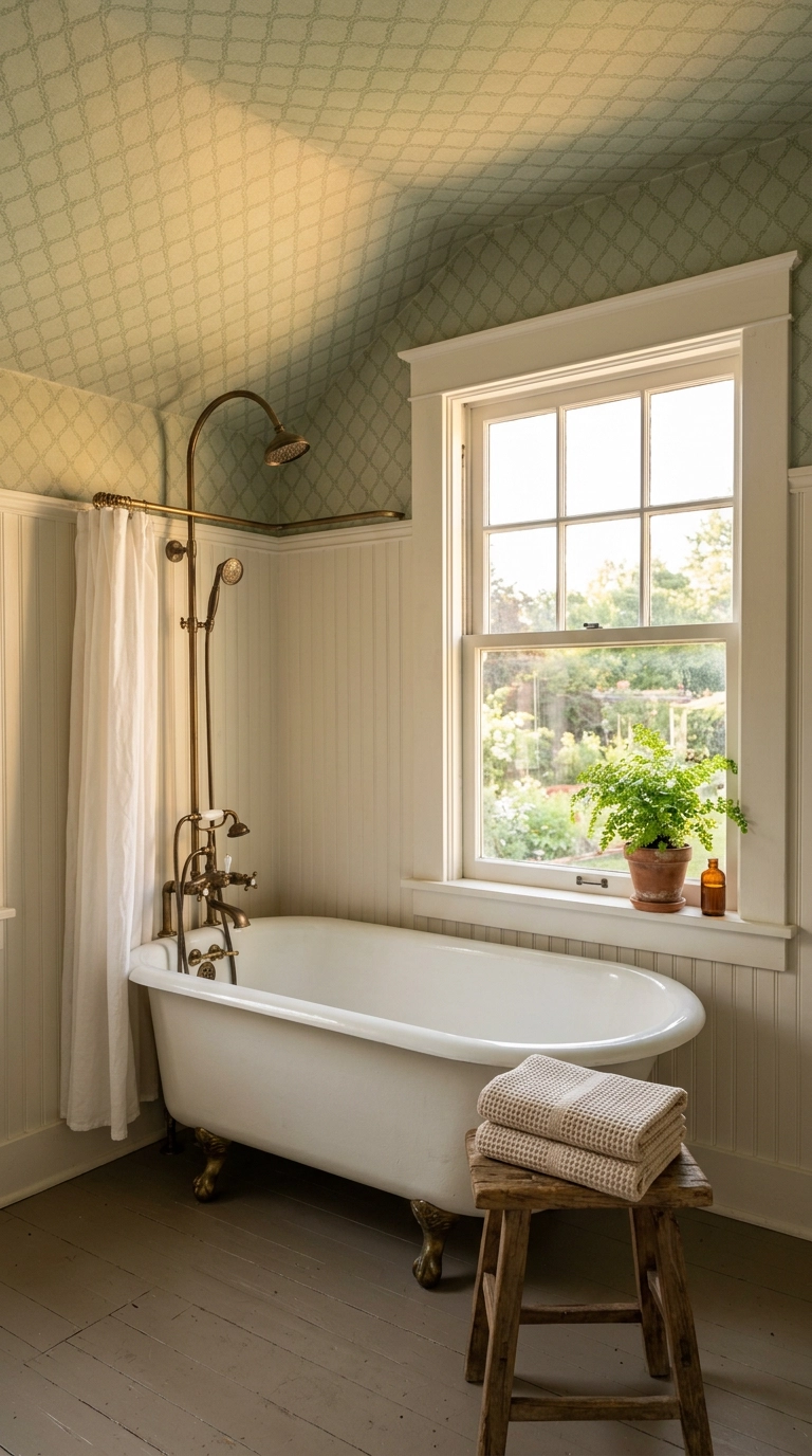 Sage green trellis wallpaper on a bathroom ceiling above a clawfoot tub in a cottage bathroom
