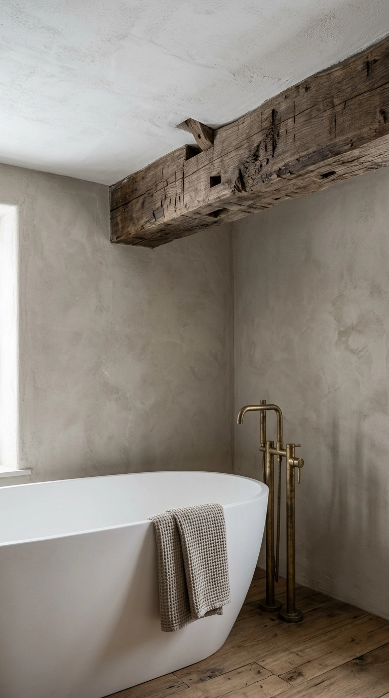 Rough-hewn reclaimed oak beam meeting the plaster wall on a farmhouse bathroom ceiling