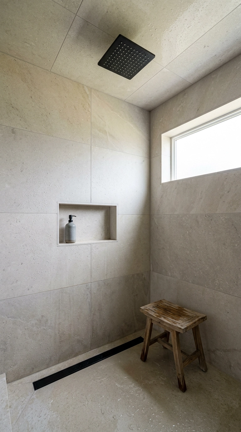 Wet room bathroom ceiling tiled in honed limestone matching the shower walls