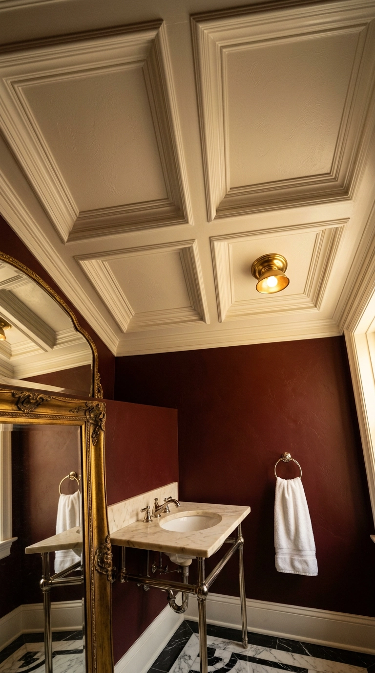 Shallow coffered grid on a powder room ceiling painted bone white above oxblood walls