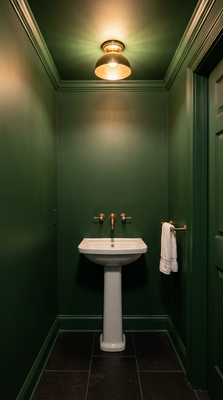 Small powder room color drenched in deep forest green with the ceiling painted to match the walls