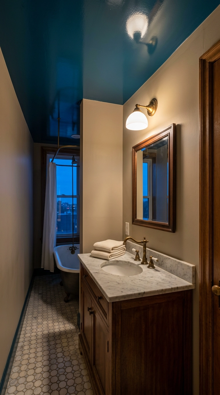 High-gloss peacock blue lacquered bathroom ceiling reflecting light above a walnut vanity