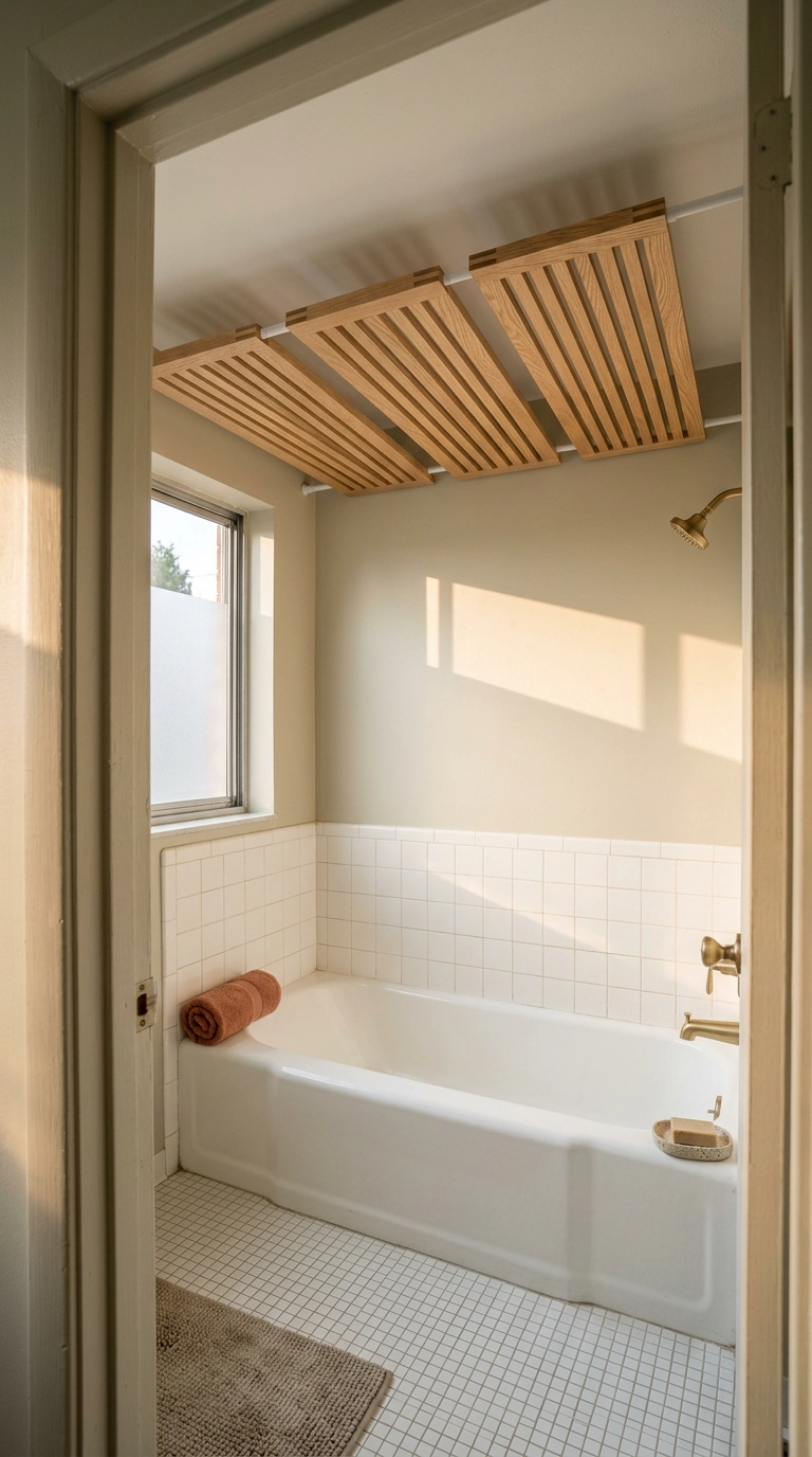 Removable slatted white oak panels mounted over a rental bathroom ceiling above a tub