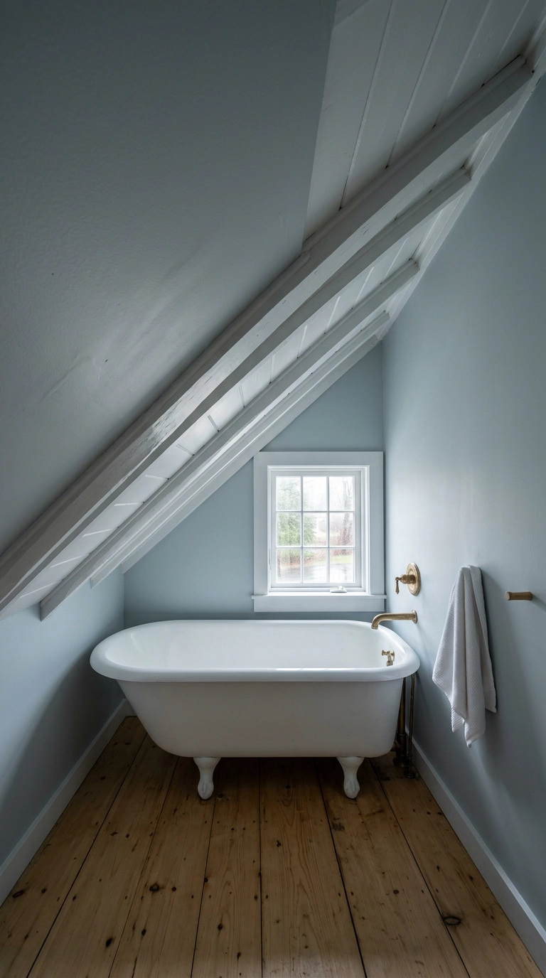 Sloped attic bathroom ceiling painted pale blue-grey above a white cast iron tub