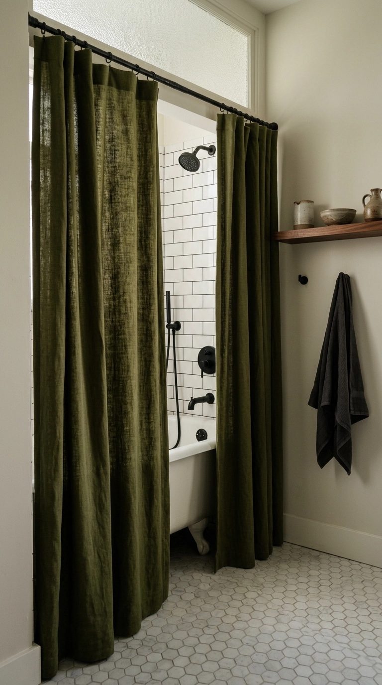 Two narrow olive green shower curtain panels parted in the center on a black iron rod