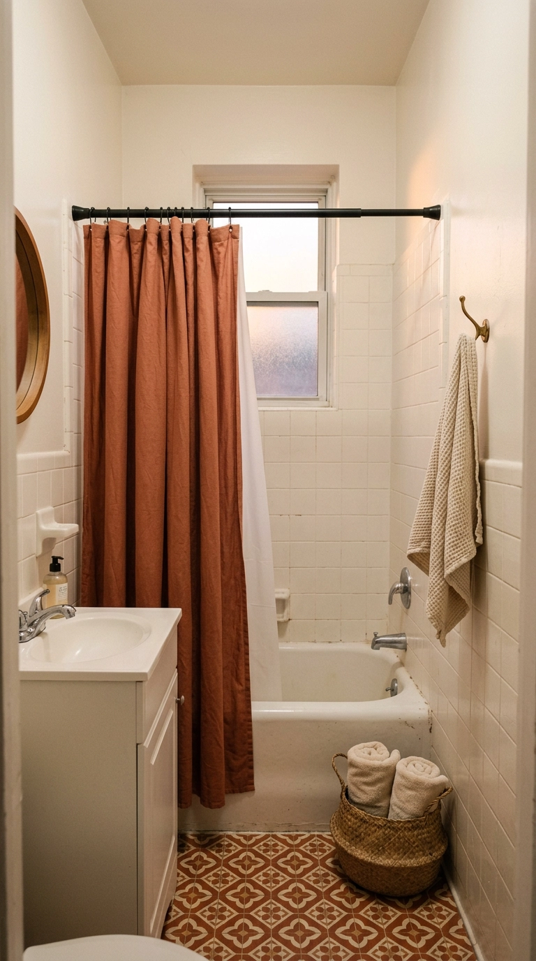 Matte black tension rod with a washed terracotta shower curtain in a small rental bathroom