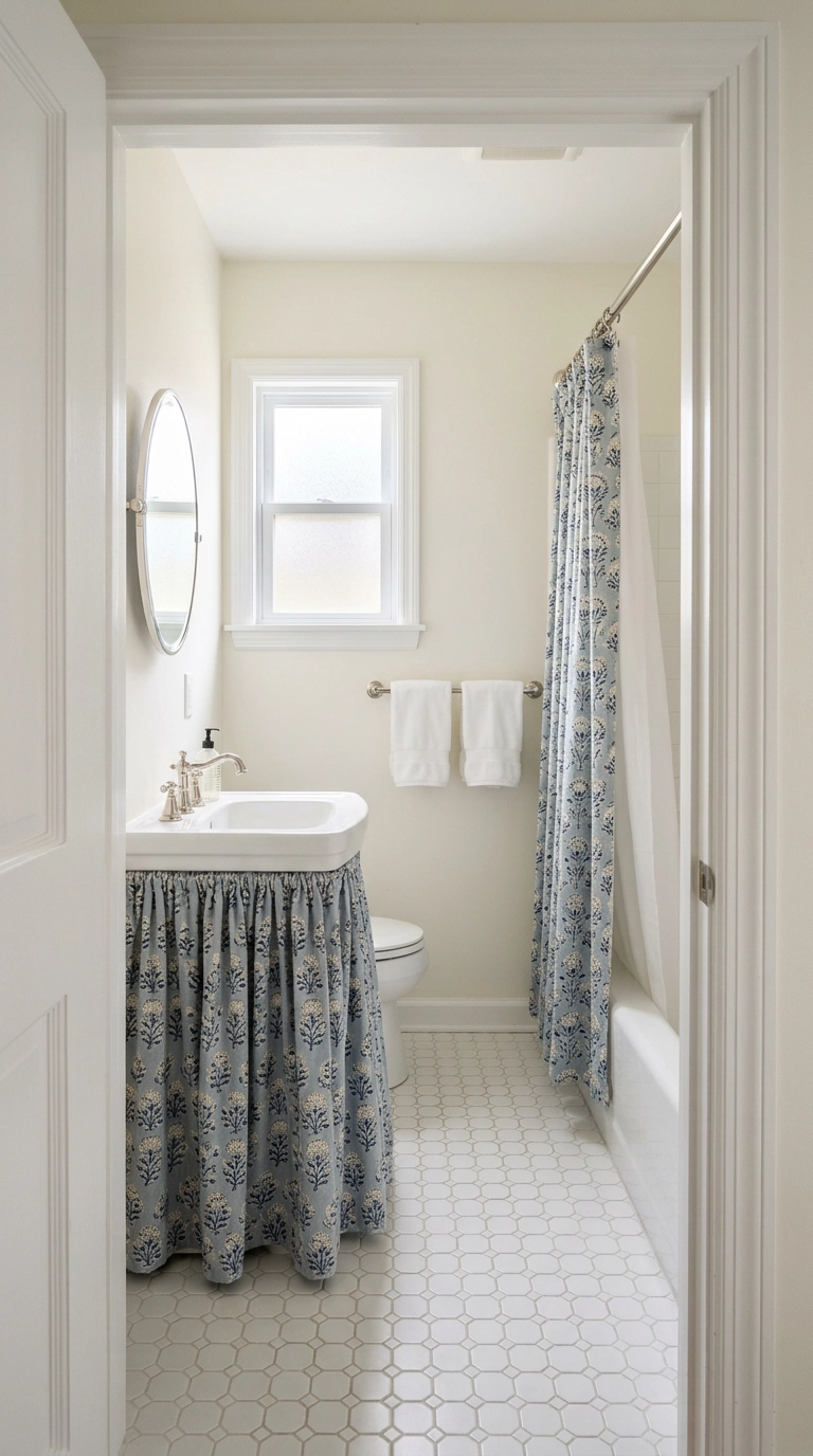 Matching blue and cream block-print shower curtain and sink skirt in a small guest bathroom