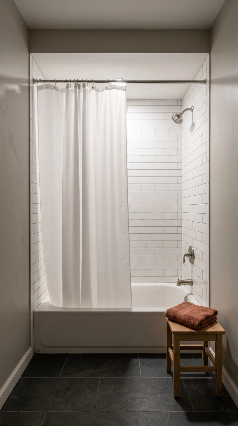 Frosted white fabric shower liner hanging on a chrome rod against white subway tile