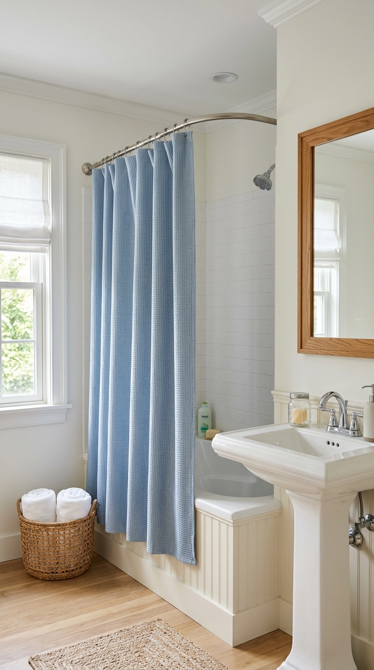 Chambray blue hookless waffle-weave shower curtain on a brushed nickel rod in a bright family bathroom