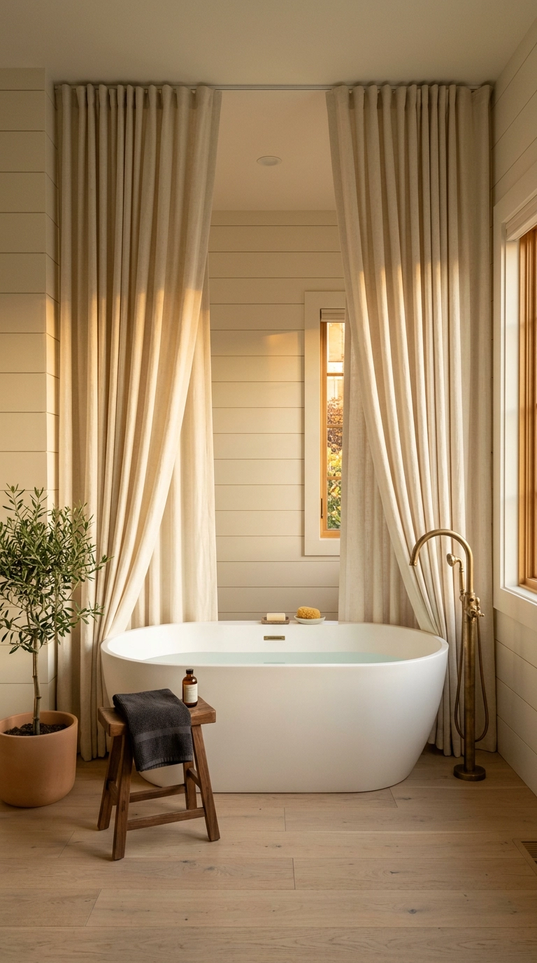 Two floor-to-ceiling ivory panels framing a freestanding soaking tub in a farmhouse bathroom