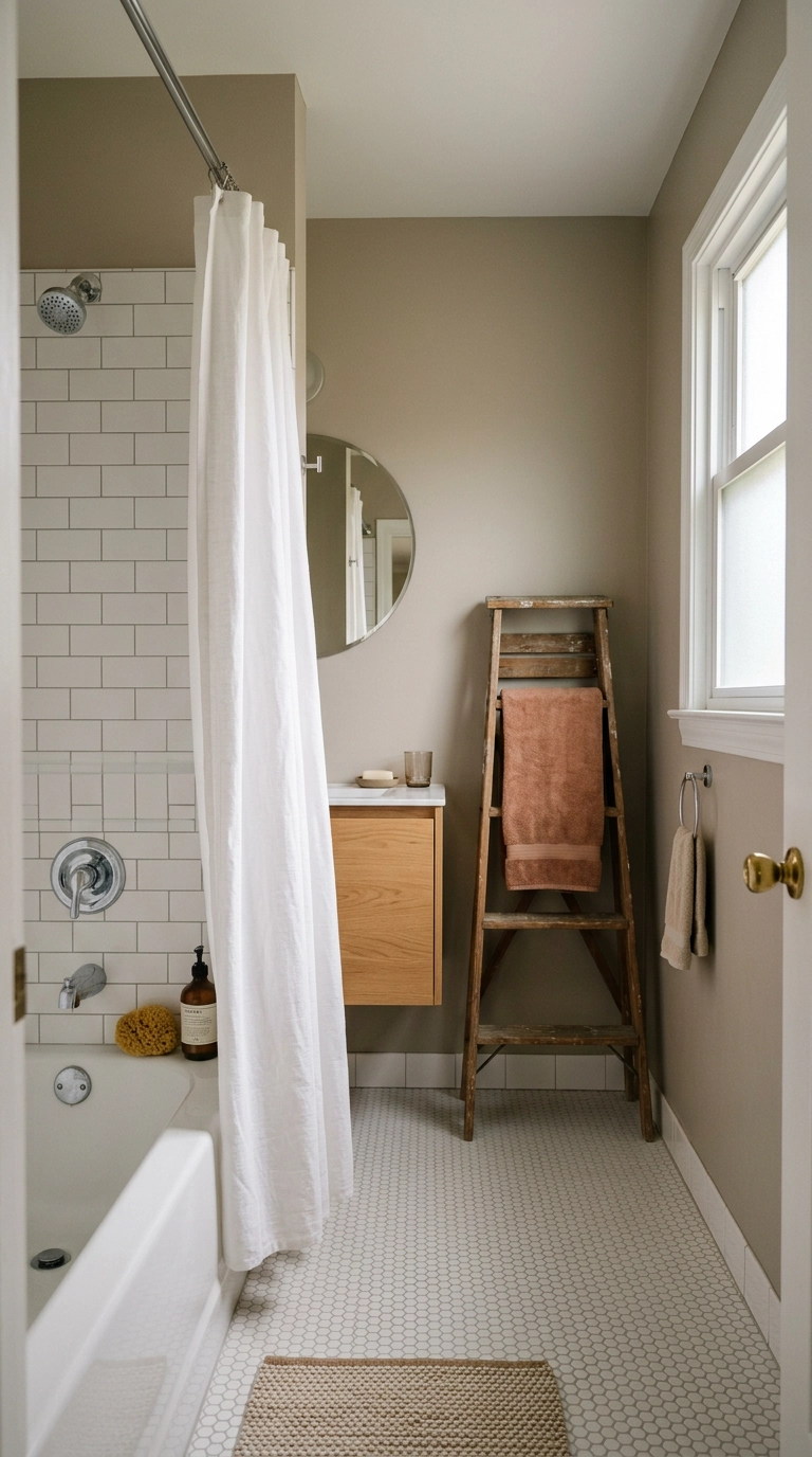 Plain white shower curtain pushed open to one side in a refreshed suburban bathroom