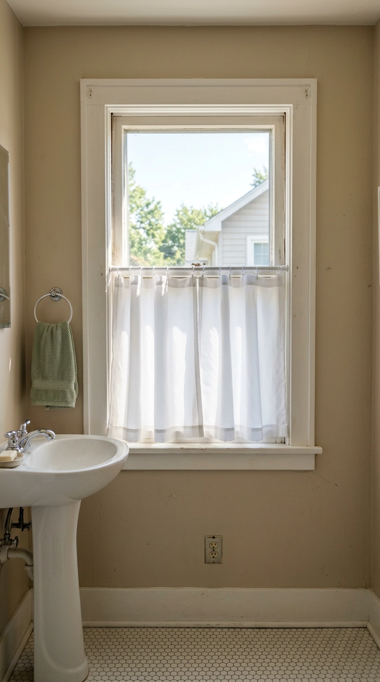 White cafe curtain on a tension rod inside a rental bathroom window frame