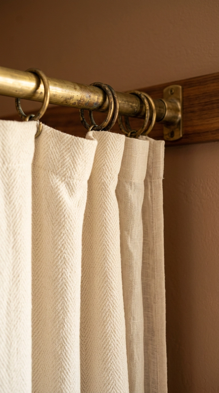 Solid brass double shower curtain rings with patina holding an ivory herringbone curtain and liner