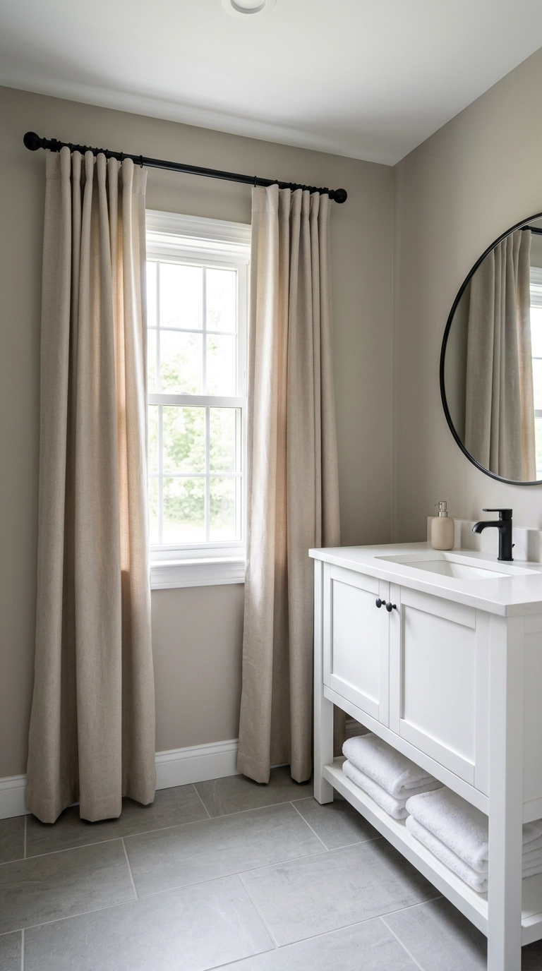 Sand window panels mounted above a double-hung window frame in a warm greige bathroom