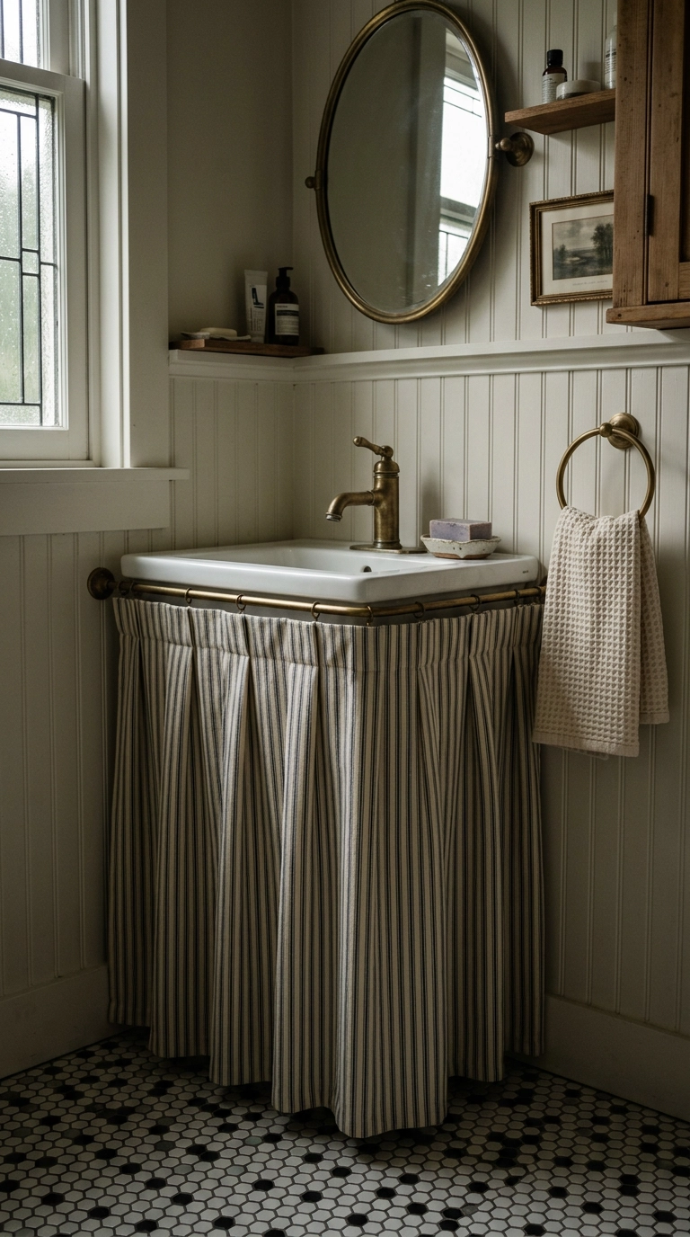 Pleated cream and navy ticking-stripe sink skirt under a wall-mounted bathroom sink