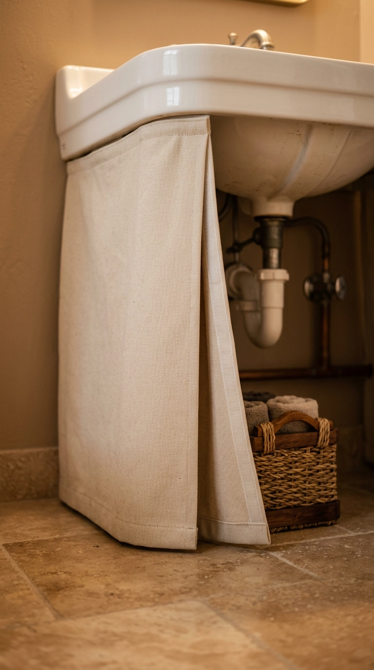 Flat oatmeal canvas sink skirt attached under a white porcelain sink with hidden hook-and-loop tape