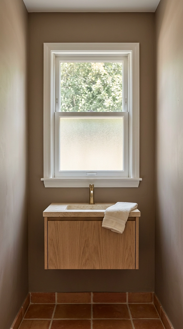 Frosted privacy film on the lower pane of a small bathroom window with no curtain