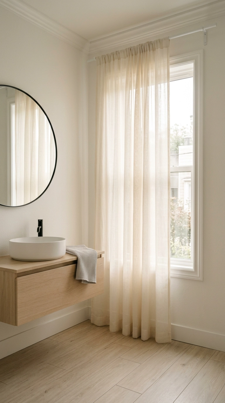 Sheer ivory voile curtain diffusing daylight in a bright bathroom with a pale oak floating vanity