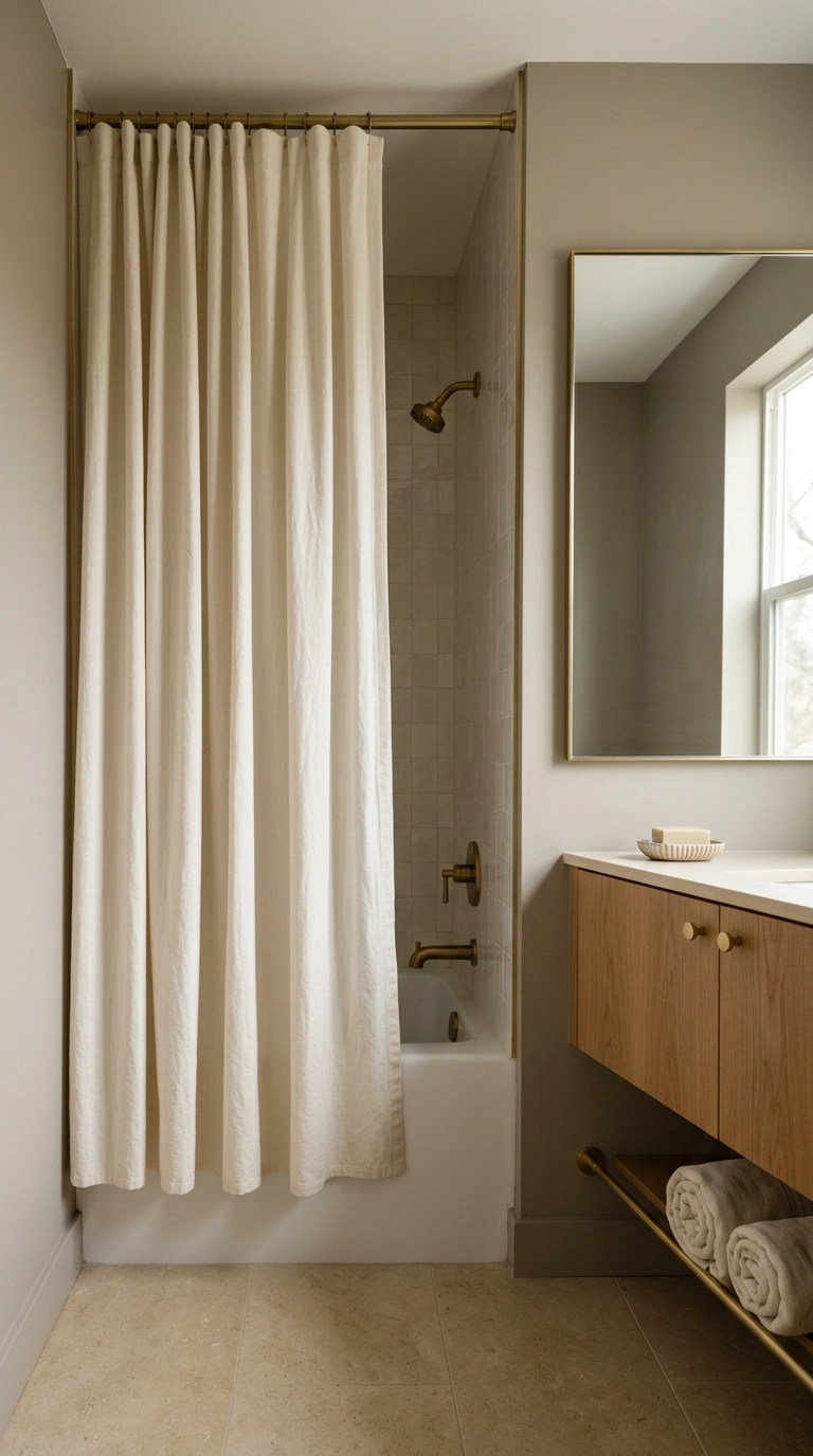 Extra-long bone-white shower curtain hung at ceiling height in a small bathroom with a white oak vanity